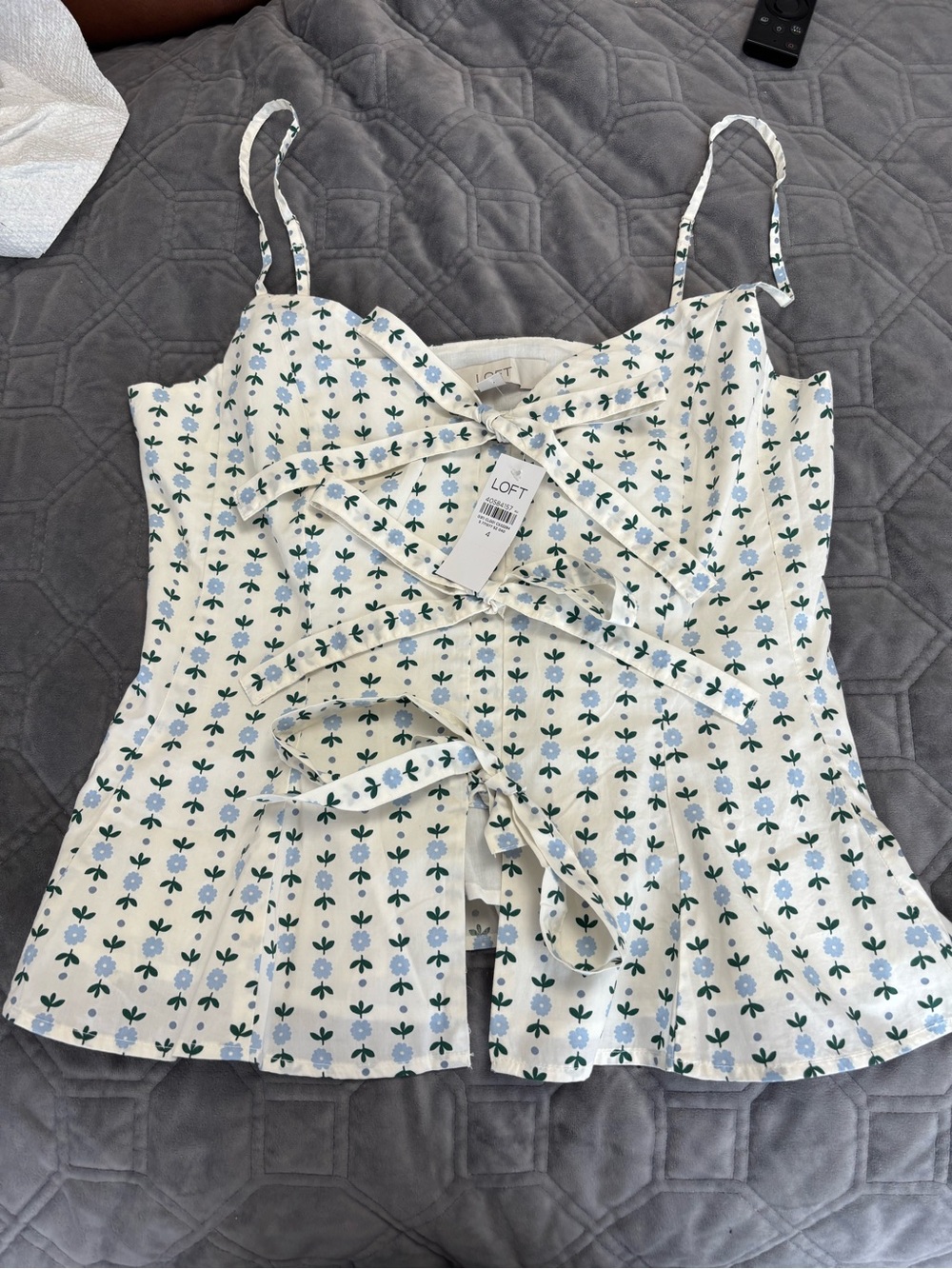 LOFT Cream Spaghetti Strap Tie-Front Floral Camisole